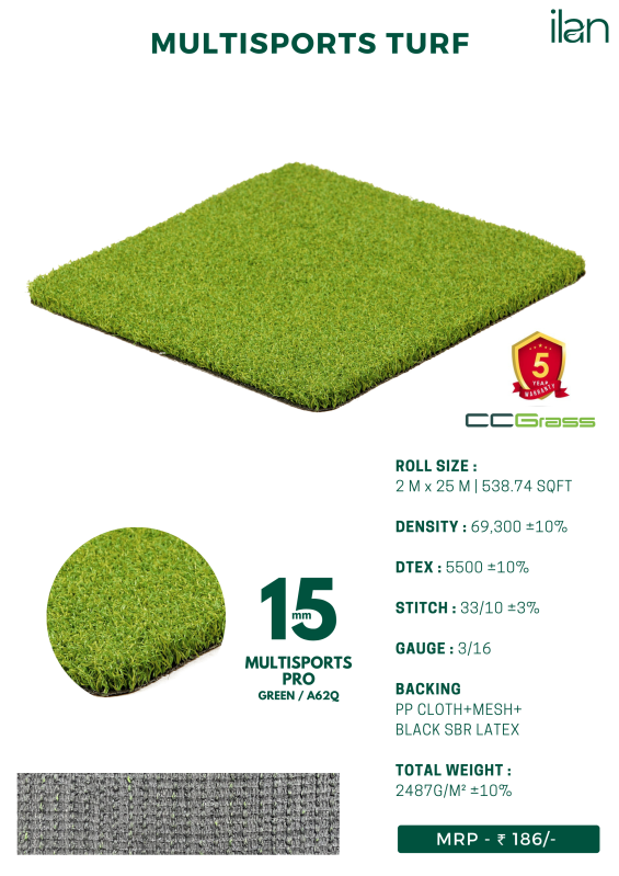 15 Mm Multisport Pro Artificial Turf, Length 025 Mtr, Color Green
