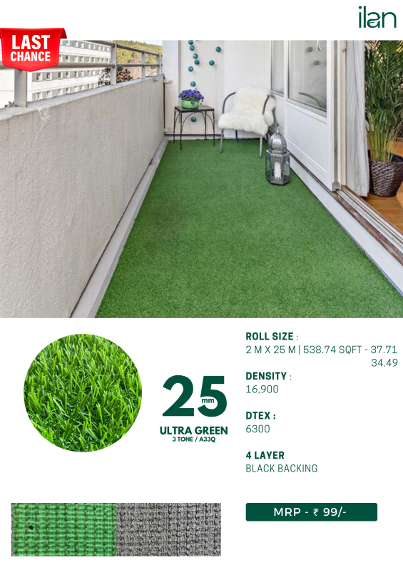 25 Mm Ultra Green Artificial Grass, Size Multisize, Feature Easily
