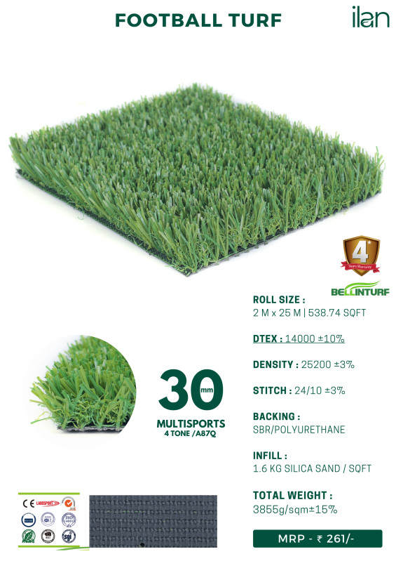 30 mm multisports artificial grass, Length 025 Mtr, Color Green