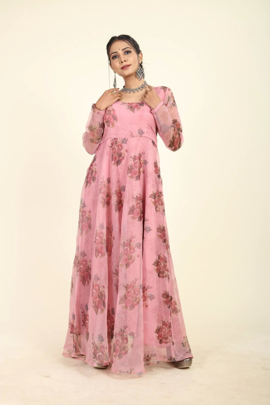 Pink Floral Printed Organza Umbrella Gown, Occasion Wedding/Party
