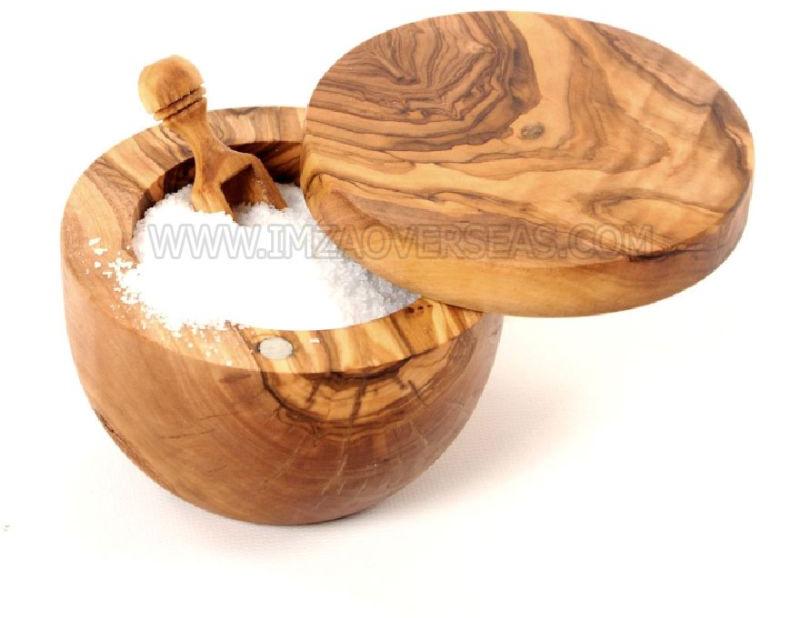 Natural Imza Overseas Round Plain Polished Wooden Salt Pot, for Home, Hotel, Restaurant, Style : Modern