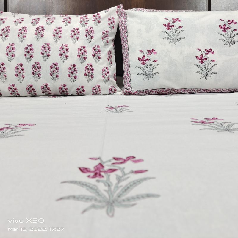 Pink Cotton Printed Floral Bed Sheet, for Home, Feature Anti Shrink