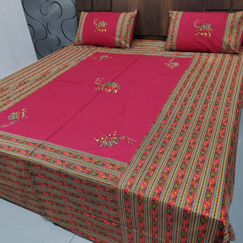 Red Rajasthani Print Cotton Bed Sheet, for Home, Feature Anti Shrink