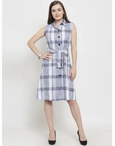 Ladies White & Purple Checked Shirt Dress