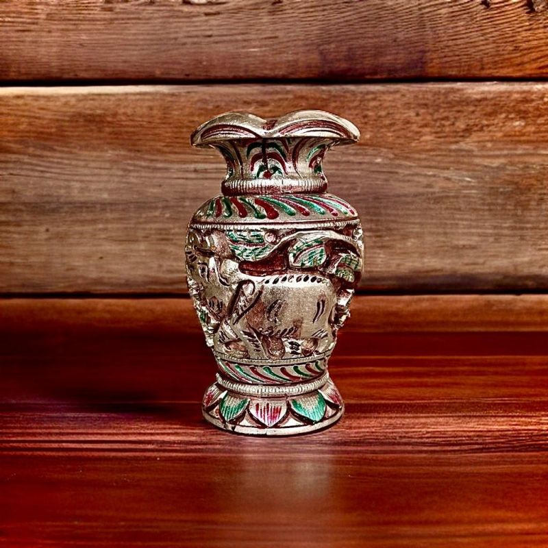 Multicolor Oval Hand Carved Wooden Flower Vase, for Decoration at Rs