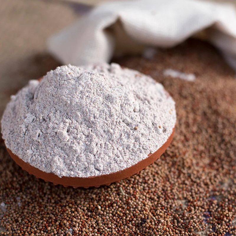 Brown Fine Processed Organic finger millet flour, for Cooking, Cattle Feed, Style : Dried