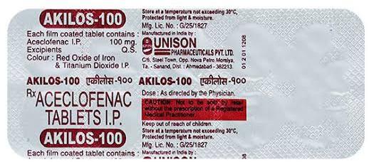 Akilos Aceclofenac 100mg Tablets, Packaging Type : Blister