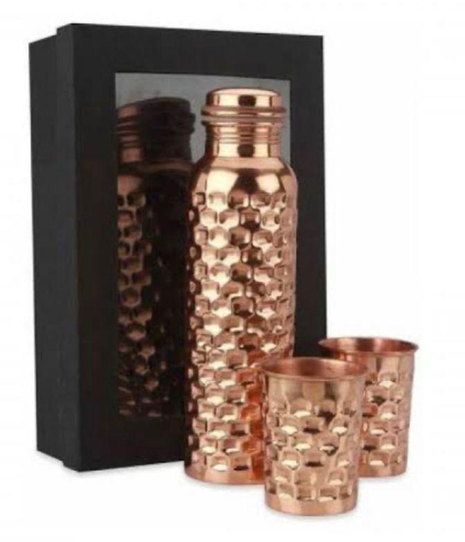 Round Hammered Copper Bottle With Glass Set, Storage Capacity : 500ml, 1ltr