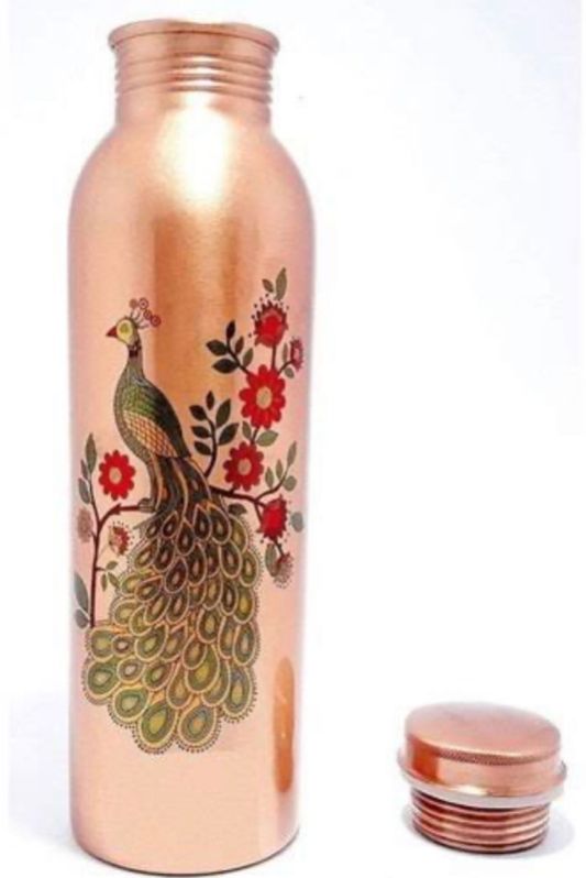 Round Peacock Print Copper Bottle, Storage Capacity : 500ml, 1ltr