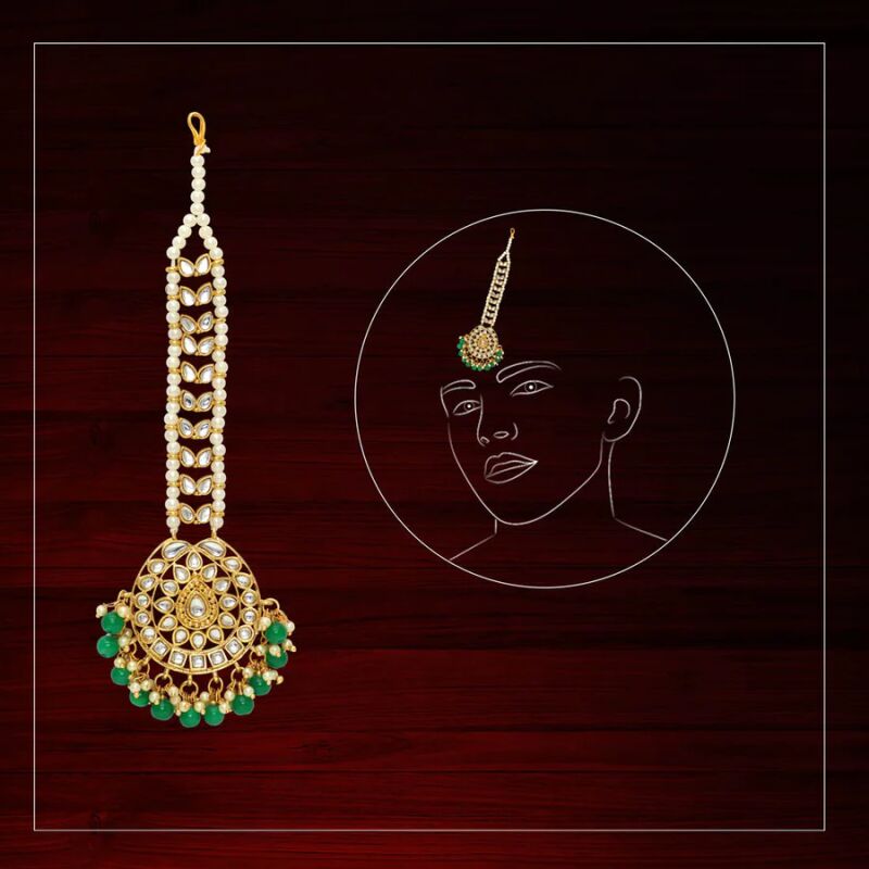 Green Color Imitation Pearl & Kundan Maang Tikka