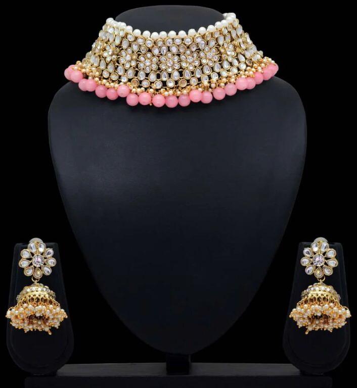 Peach Color Choker Kundan Necklace Set