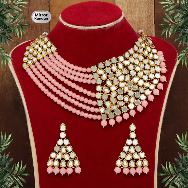 Peach Mirror Kundan Necklace Set