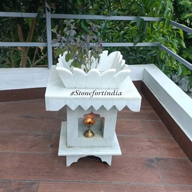 Elegant White Marble Lotus Top Tulsi Pot