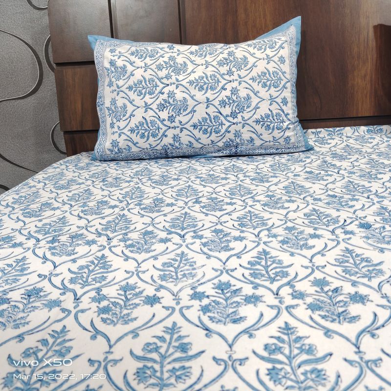 Blue Printed Hand Block Bed Sheet, for Home, Feature Anti Wrinkle