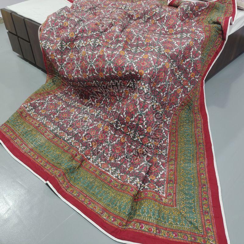 Bagru Hand Block Red Printed Quilt, for Home Use