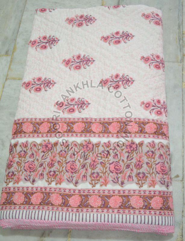 Handmade Stitched Floral Print Pink Cotton Quilt, Feature : Shrink-Resistant, Soft