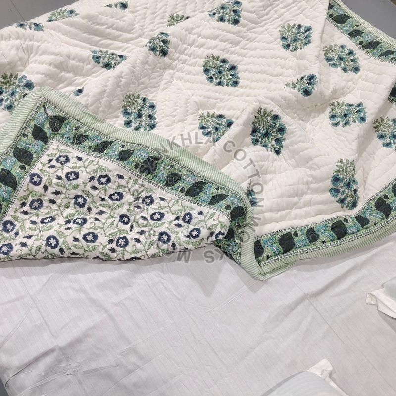 Hand Block Printed Green Floral Quilt, for Home Use