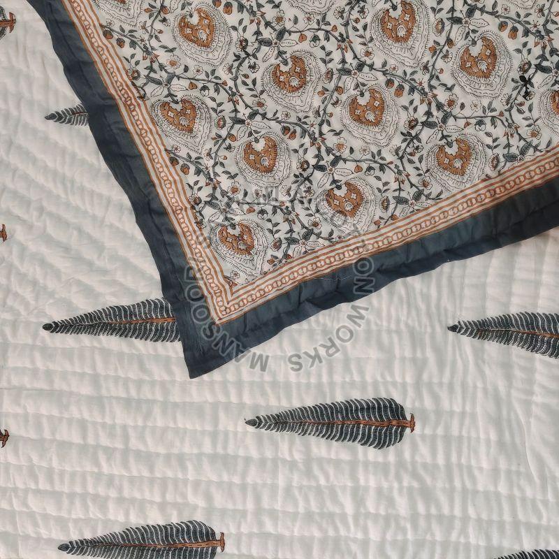 Hand Block Printed Grey Leaf Quilt, for Home Use