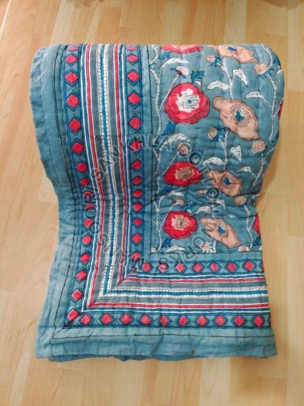 Blue Cotton Indian Reversible Quilt, for Home Use