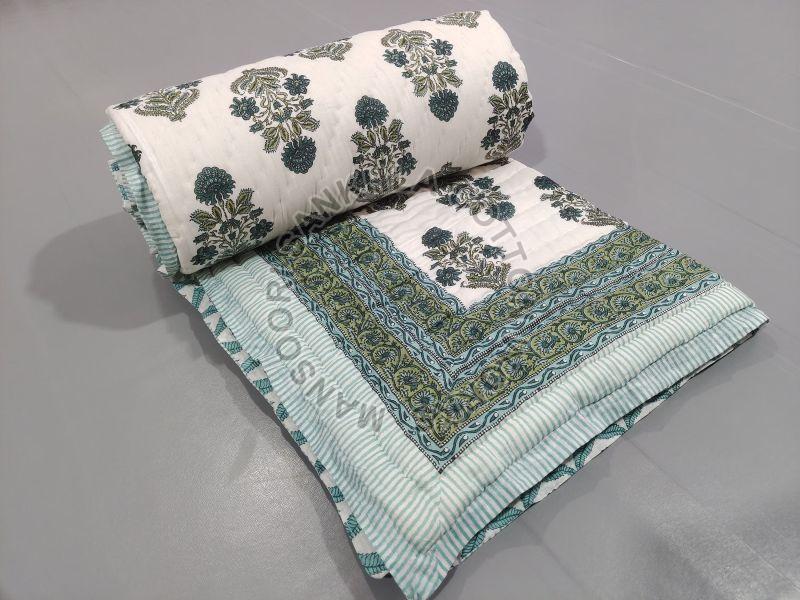 Green Indian Traditional Ethnic Handmade Cotton Blanket, for Double Bed