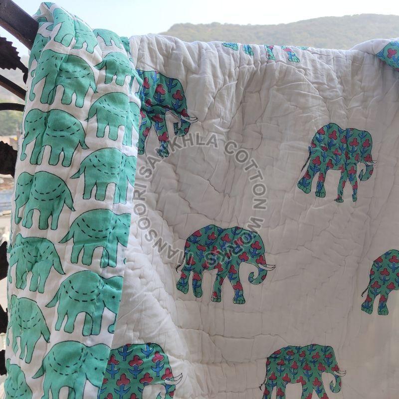 Green Nursery Kantha Animal Printed Blanket, for Single Bed, Technics : Handmade