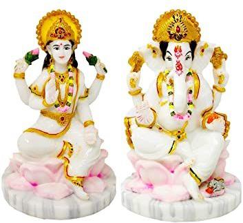 Marble Laxmi Ganesh Statue, for Worship, Temple, Pattern : Carved, Painted