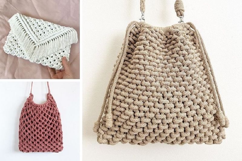 Cotton Embroidered macrame bag, Technics : Handmade