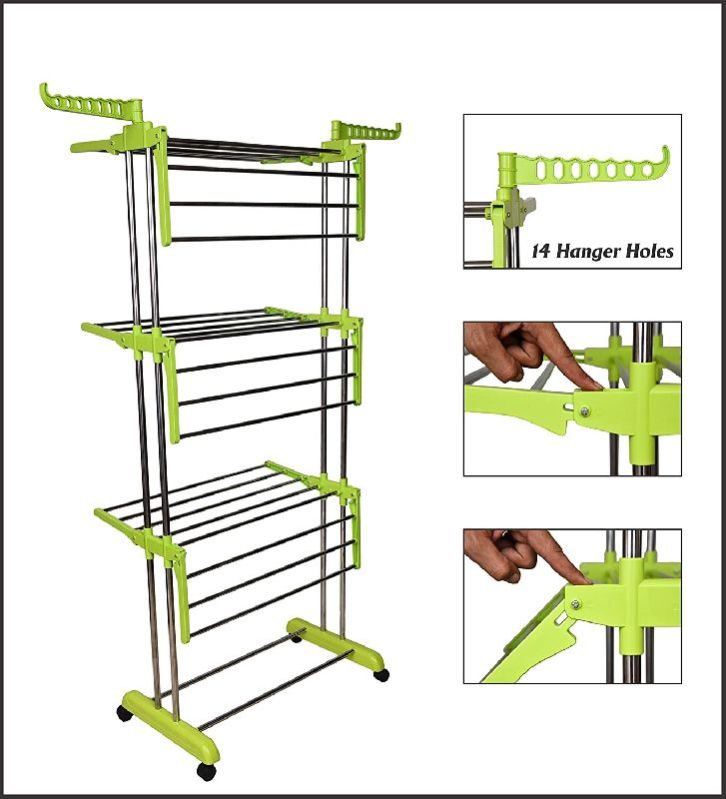 4 Layer Cloth Drying Rack, Color : Blue Green