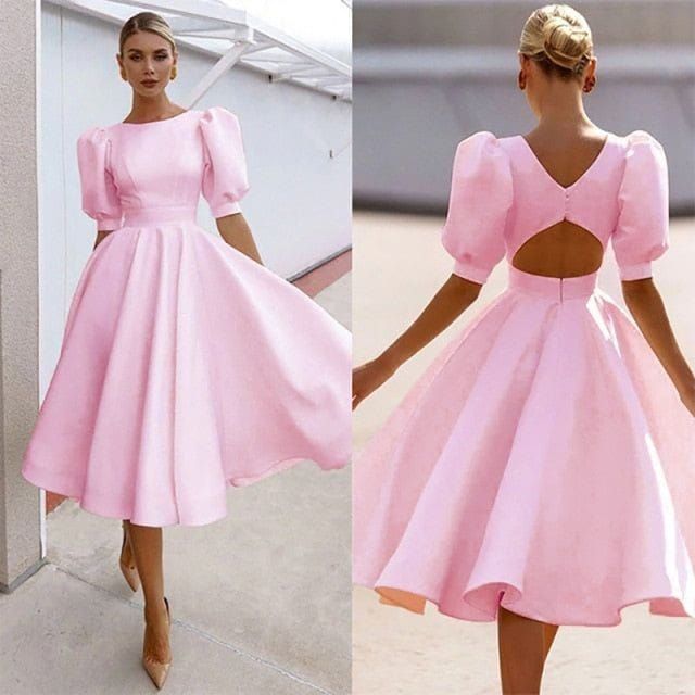Light Pink Round Neck Puff Sleeves A-Line Dress, Gender : Womens