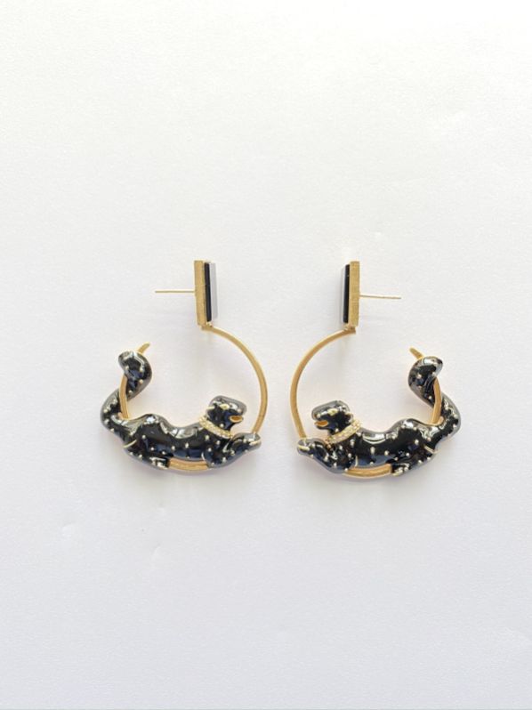 Black Panther Black Enamel Brass Earrings, Style : Antique