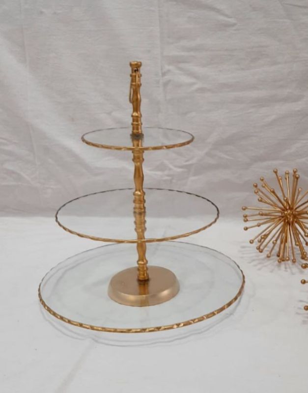 Transparent Polished Glass Beaded Gold Cake Stand, Size : 30x37 cm
