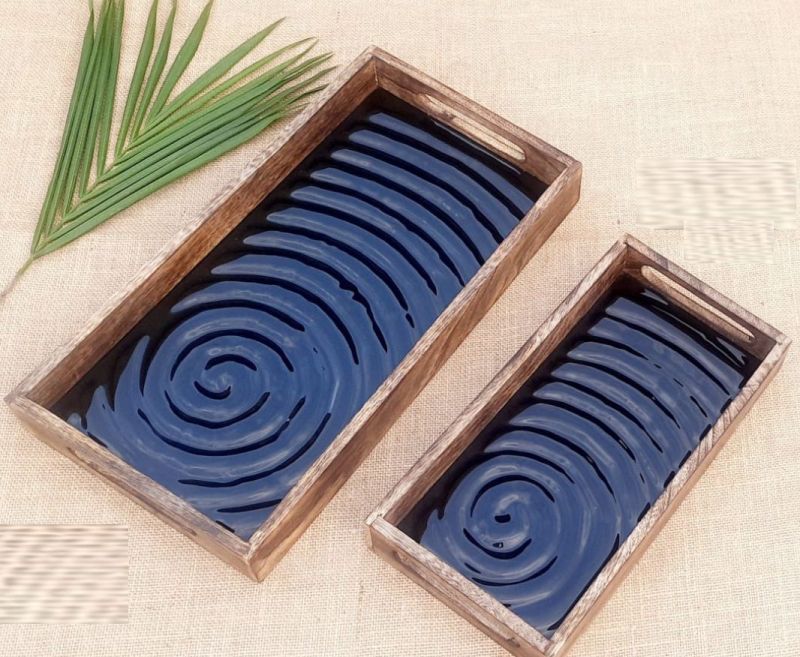 Rectangular Wood Polished Spiral Blue Serving Tray, for Homes, Hotels, Restaurants, Pattern : Plain