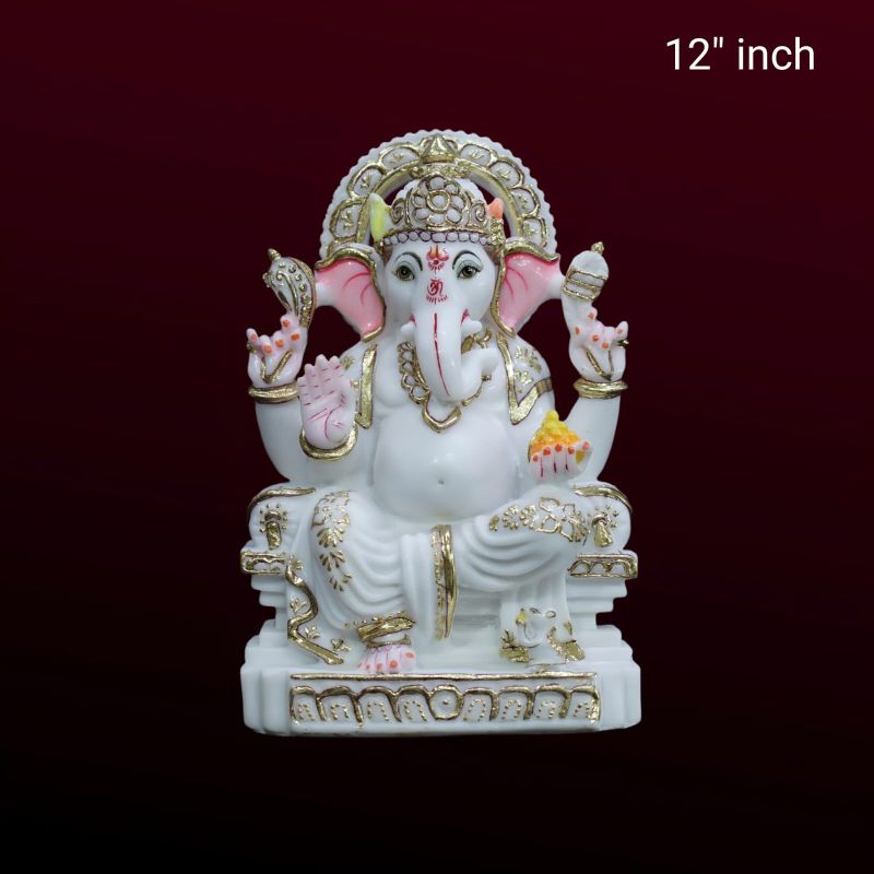 White 12 Inch Chauki Ganesh statue, for Worship, Packaging Type : Carton Box