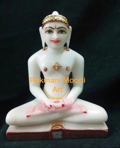 Polished Marble Mahavir Swami Statue, For Shiny, Dust Resistance, Pattern : Carved