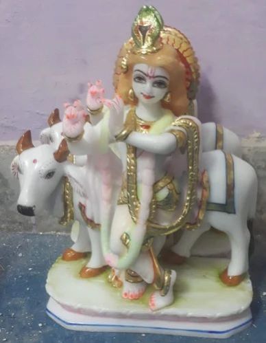 White Marble Krishna With Cow Statue