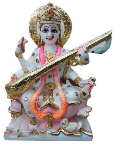 White 9 inch Marble Saraswati Maa Statue, Pattern : Painted