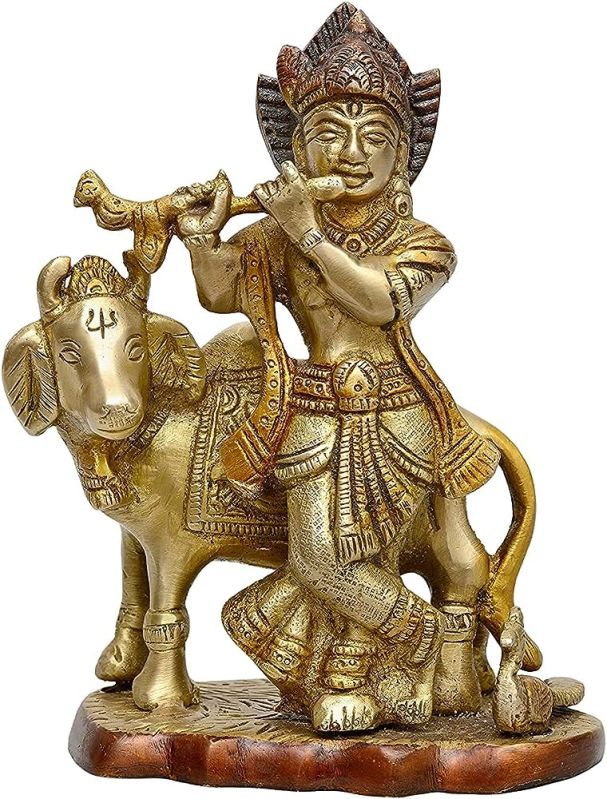 Golden 5 Inch Brass Krishna with Cow, for Temple, Home, Packaging Type : Thermocol Box