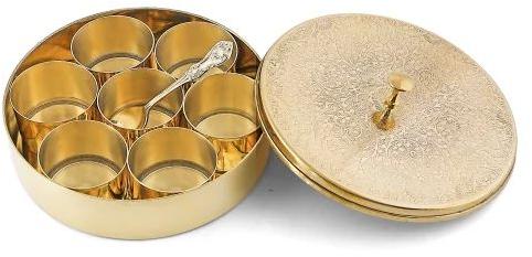 Golden Round 7 Inch Brass Etched Spice Container, Feature : Fine Finish, High Strength
