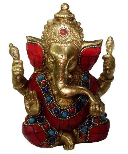 Brass Ganesh Statue with Stone Work, for Home Decor, Temple Decor, Packaging Type : Thermocol Box