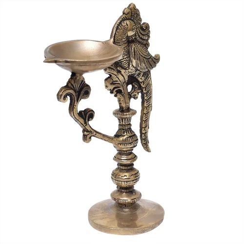 Golden Brass Peacock Handle Diya with Stand, for Temple, Feature : Fine Finishing