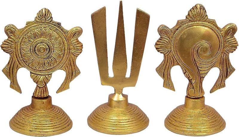 Golden Brass Shankh Chakra Namah Statue, for Interior Decor