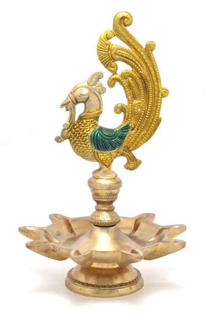 Peacock Design 9 Oil Wick Brass Diya