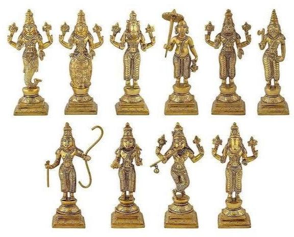 Golden Vishnu Dasavatharam Brass Statue Set, for Temple, Home, Packaging Type : Thermocol Box