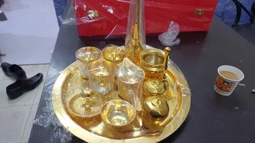 Gold Stainless Steel Pooja Thali Sets, Dimension : 12 Inches