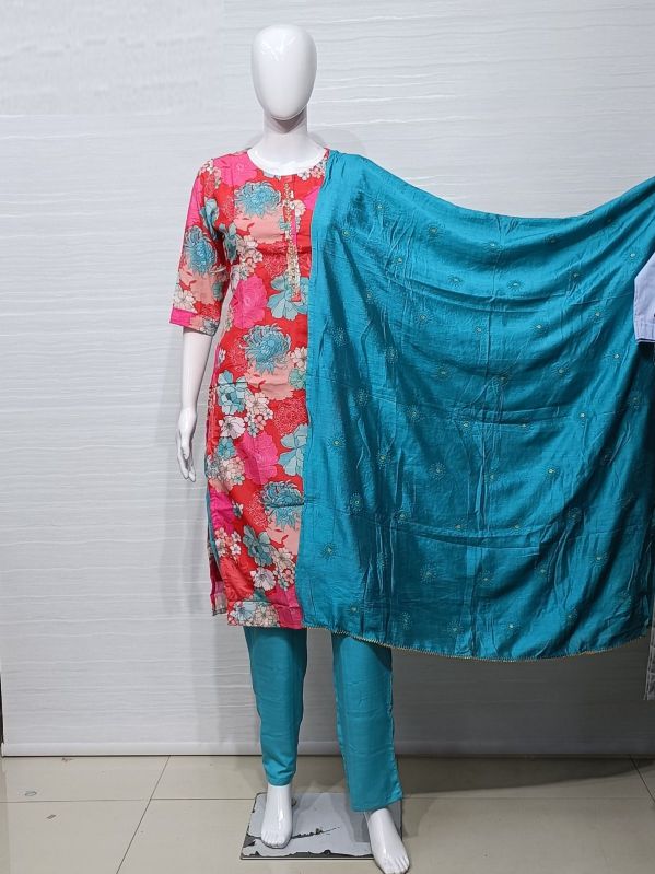 Muslin Silk Kurti Pant Dupatta Set, Size : Ml, XL, XXL
