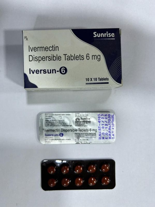 Iversun 6mg Tablets, for Used to treat worm infections, scabies lice, Composition : Ivermectin
