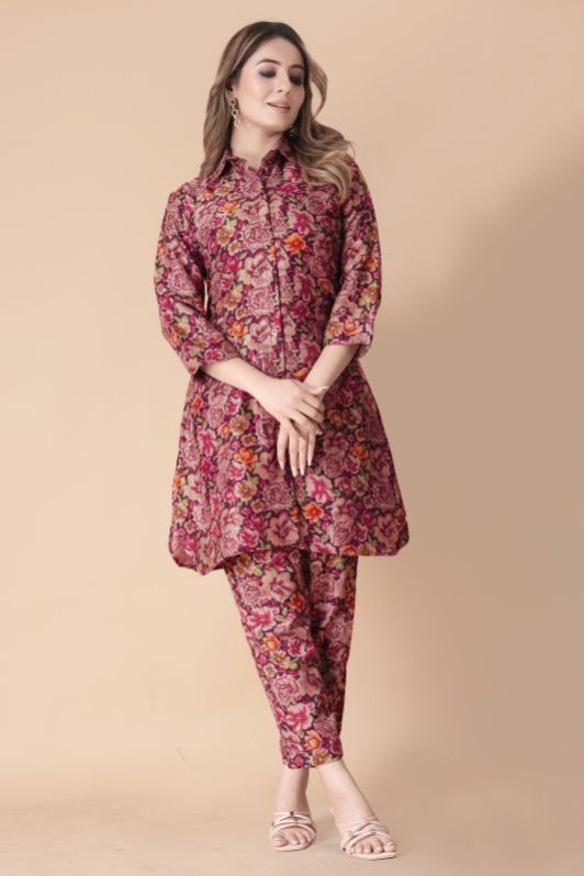 Ladies Peach Cotton Rayon Digital Printed Co-Ord Set