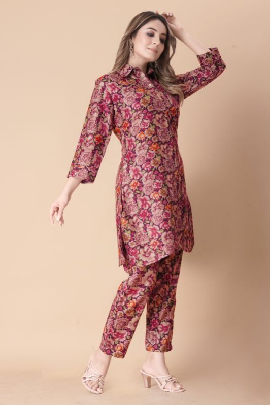 Ladies Peach Cotton Rayon Digital Printed Co-Ord Set