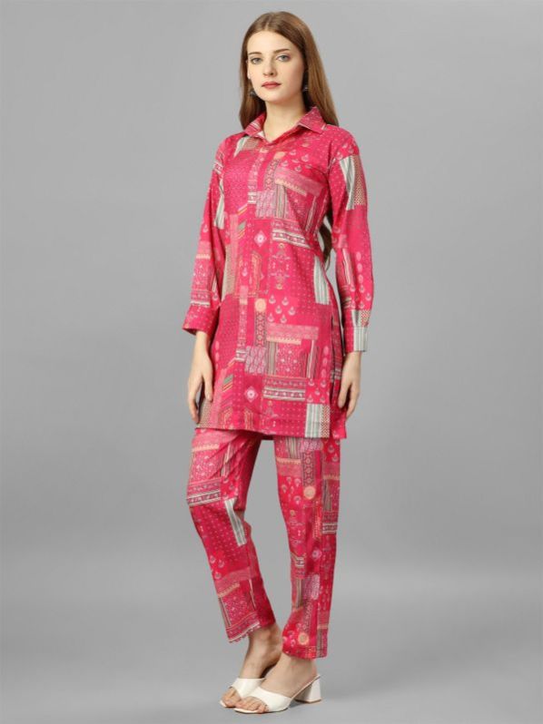 Ladies Pink Cotton Blend Digital Printed Co-Ord Set