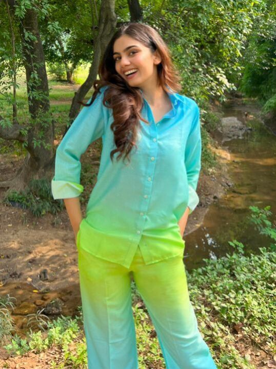 Ladies Blue and Green Lycra Cotton Co-Ord Set